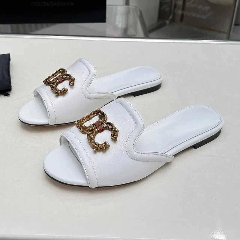 Women’s Genuine Leather Metal Accent Slide Sandals .Luxury European Style Slip-On Flats  Description:
