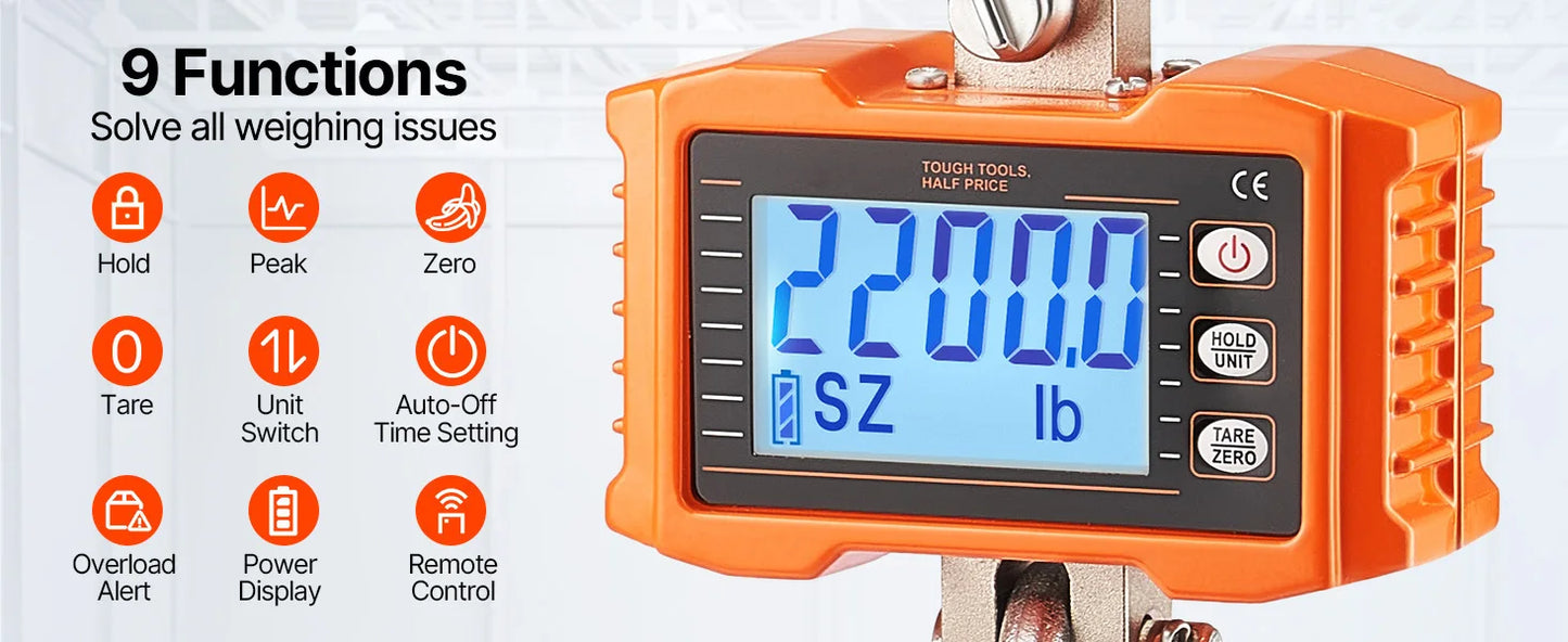SucceBuy 1000kg/2000kg Digital Hanging Scale Portable with Remote Control Factory Crane Scale LCD Backlight Industrial Scales