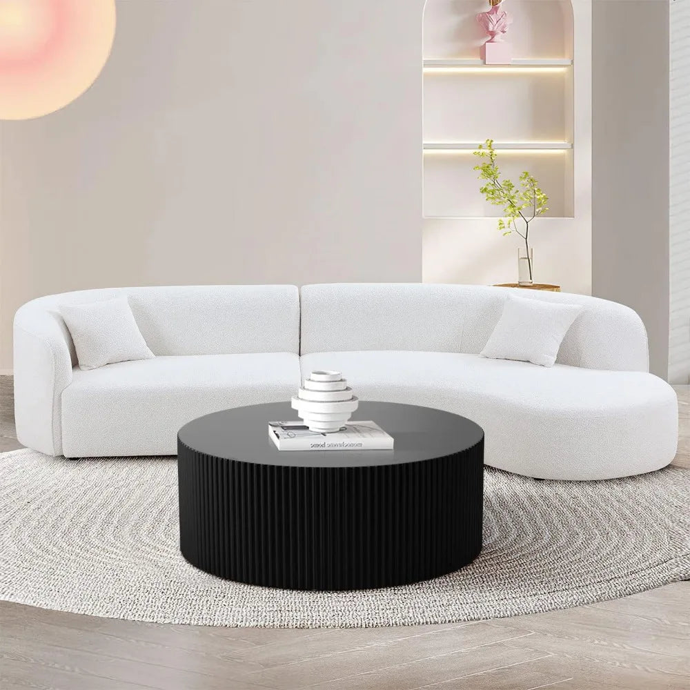 Round Coffee Table, Modern Black Side Table End Table for Living Room, Wood Circle Drum Coffee Table with Handcrafted Relief,