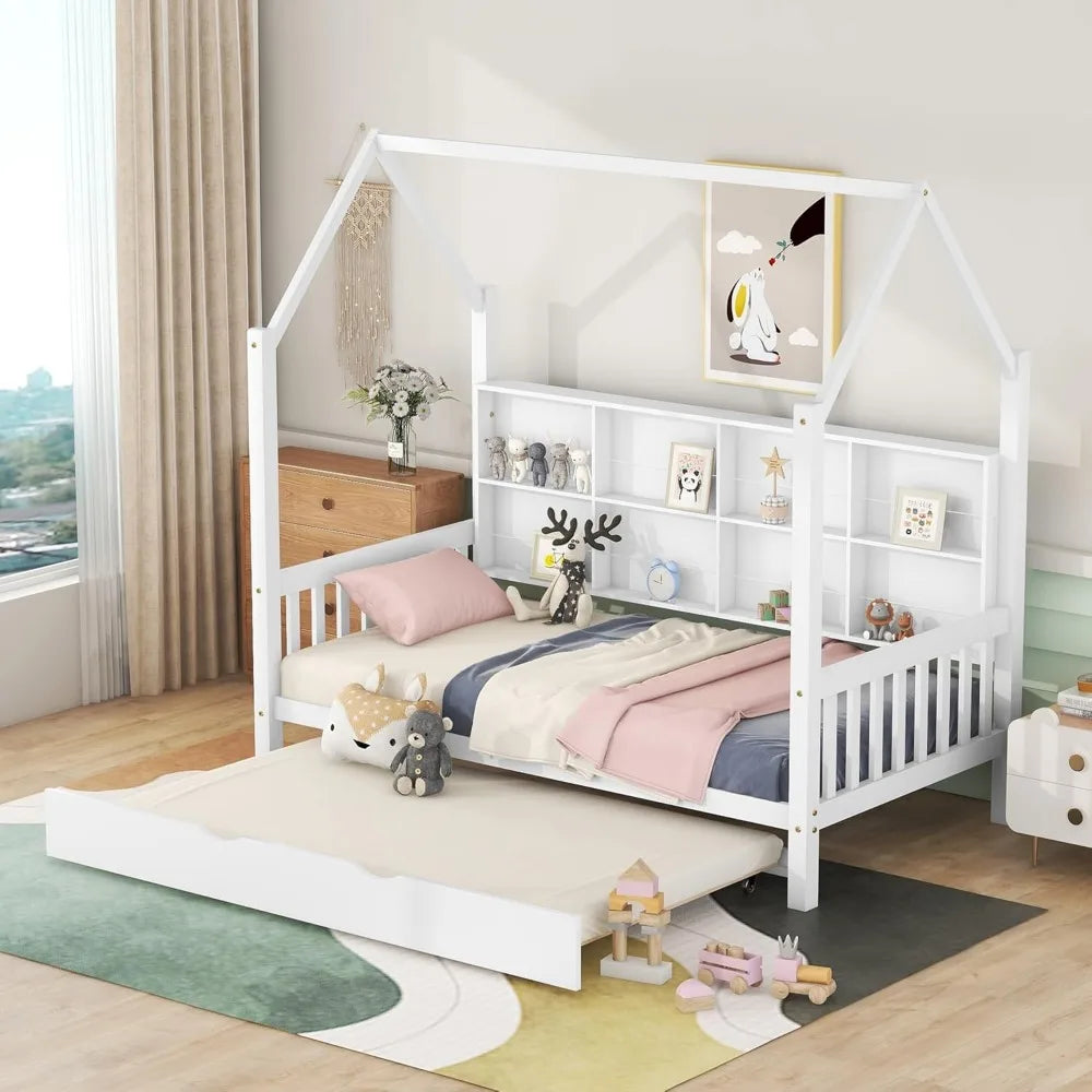Harper And Bright Twin Size House Bed With Trundle Shelf
