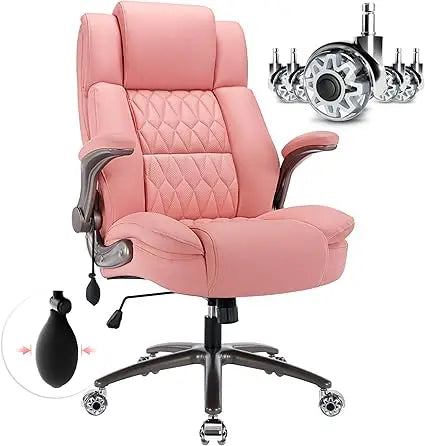 Large High Back Office Chair - Adjustable Lumbar Support Flip Up Arms Heavy Duty Quiet Wheels Metal Base Breathable Bonded Leath