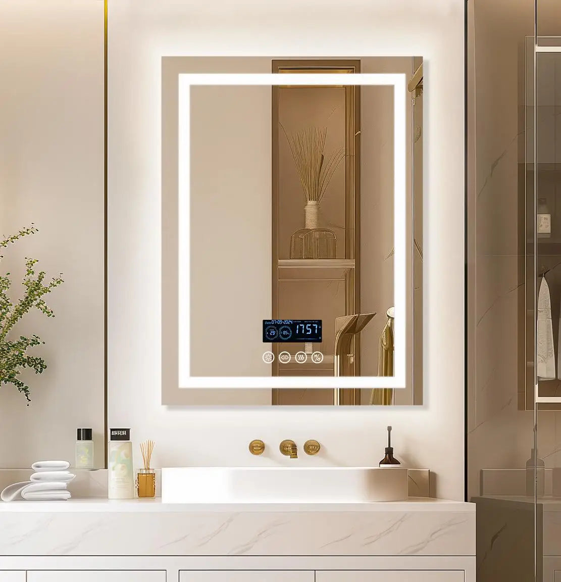 Square LED Lighted Bathroom Mirror with Bluetooth Speaker Smart Wall Vanity Mirror Front-lit and Backlight Touch Antifog