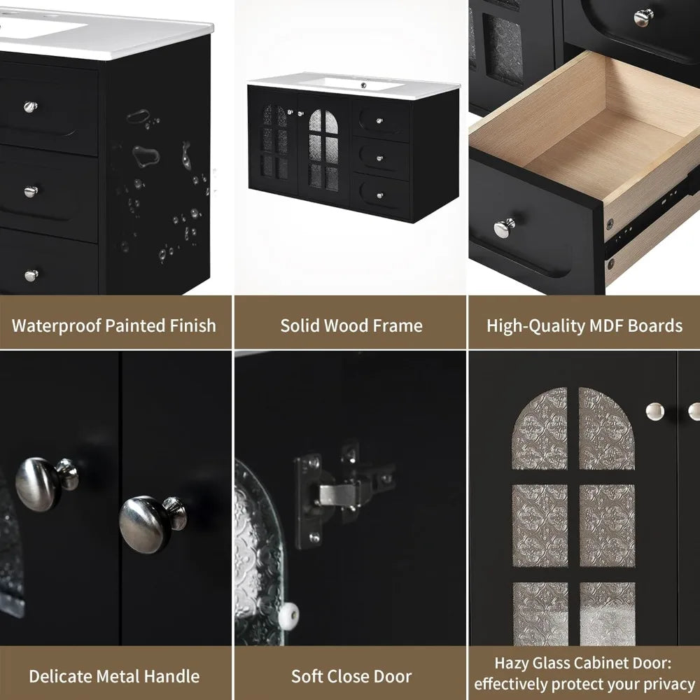 36 Inch Floating Wall Mounted Vanity With Ceramic Sink And Drawers