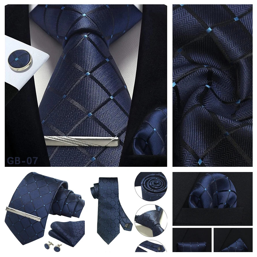100% Silk Plaid & Checkered Men’s Tie Set with Pocket Square, Tie Clip & Cufflinks. Business & Wedding Necktie Gift Set  Optimized Description