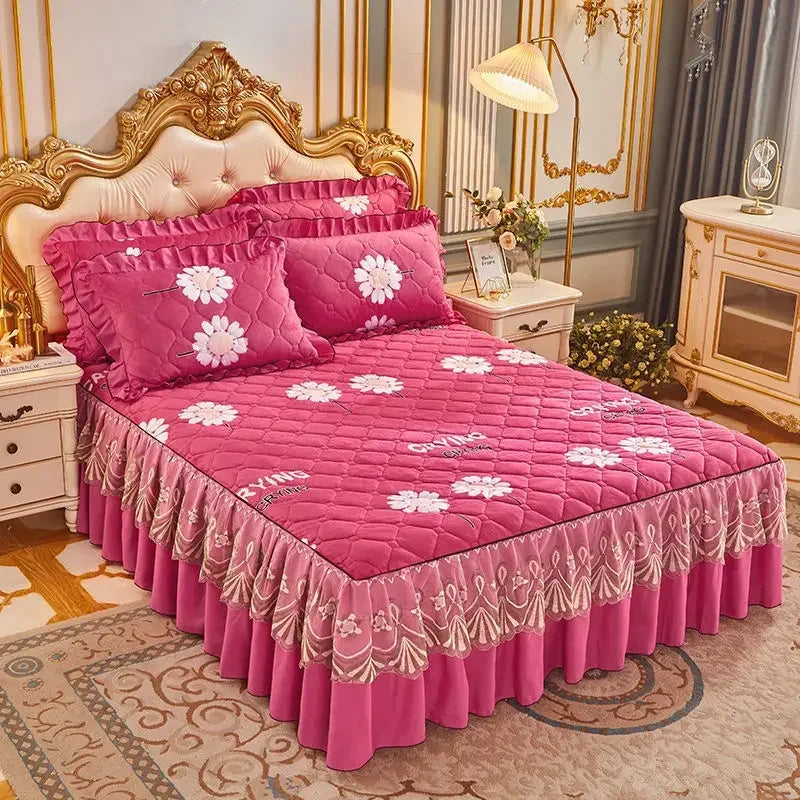 Luxury European Velvet Quilted Bed Skirt Set