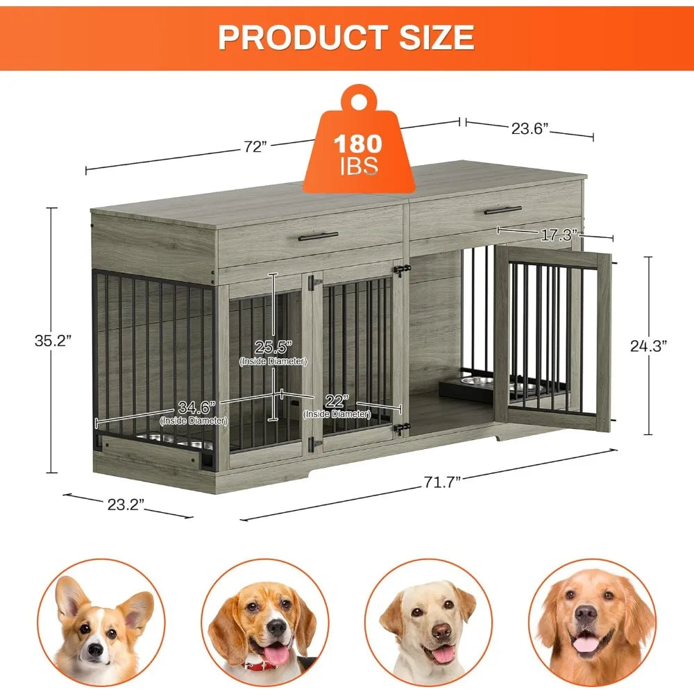 72" Dog Crate Furniture for 2 Dogs, Large Dog Kennel Furniture with 2 Storage Drawer and Removable Divider, Wooden Dog Cage wit