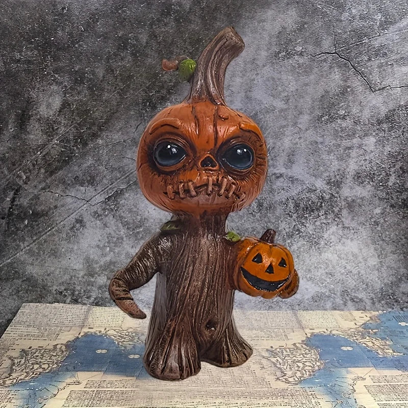 Halloween Pumpkin Tree Stump Figurine. Resin Jack-O’-Lantern Character Statue for Spooky Fall & Halloween Home Décor
