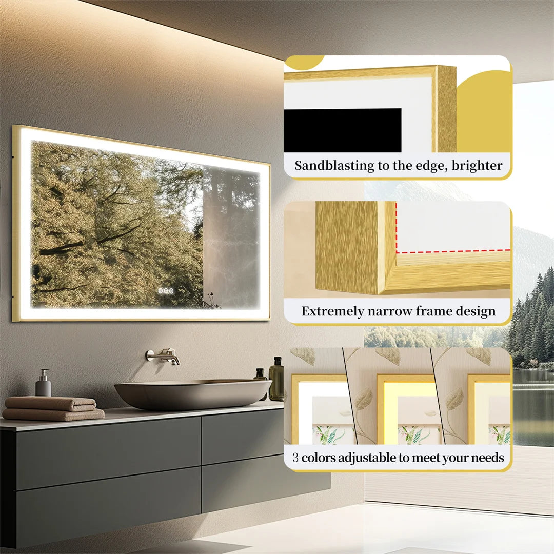LUVODI Large Gold Framed Bathroom Mirror Fogless Smart Touch Illuminate Full Body Dressing Mirror