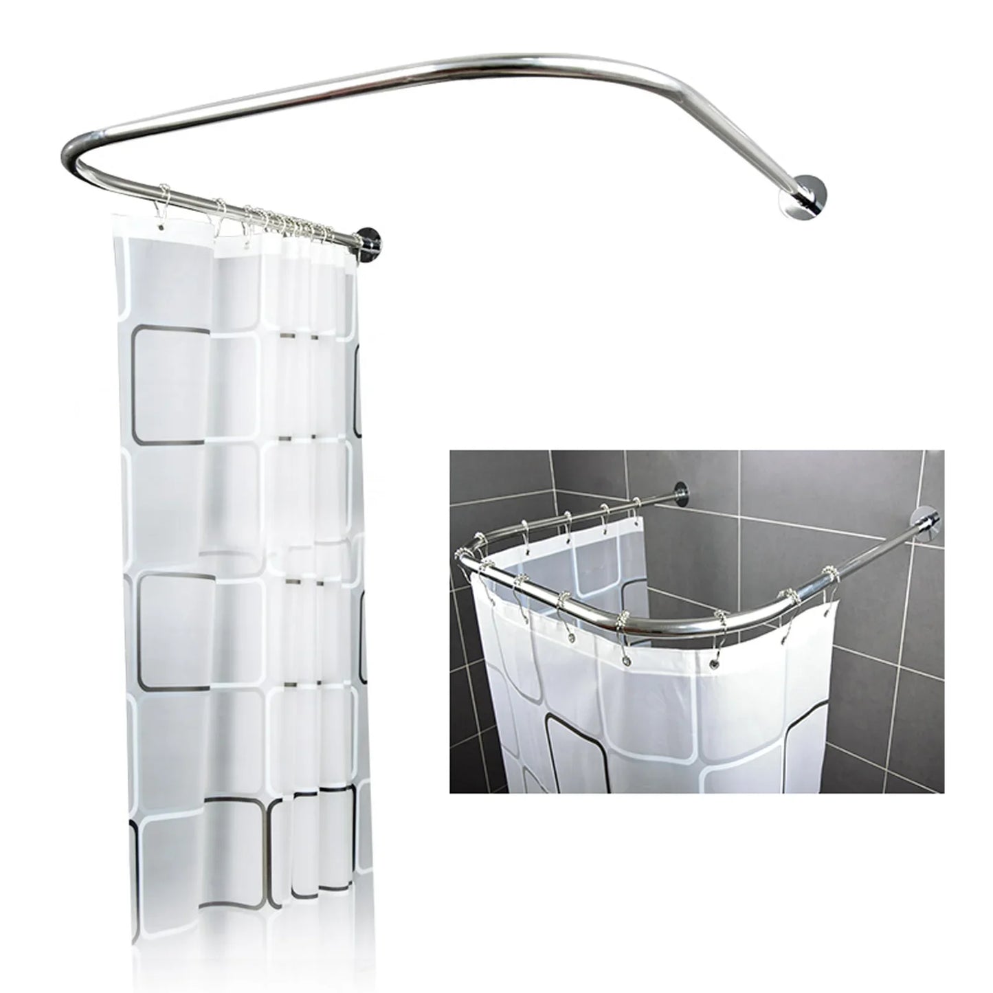 Stainless Steel Shower Curtain Rod U-Shaped Adjustable For Small Bathrooms And Bathtubs
