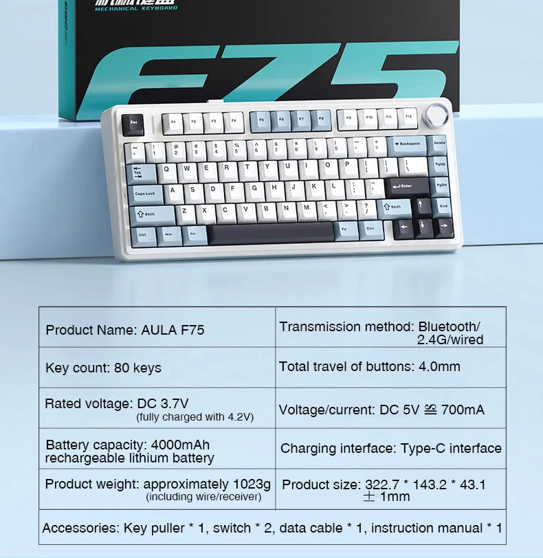 AULA F75 Wireless Mechanical Gaming Keyboard .Bluetooth, 2.4G & Wired RGB Keyboard with Hot-Swappable Keys