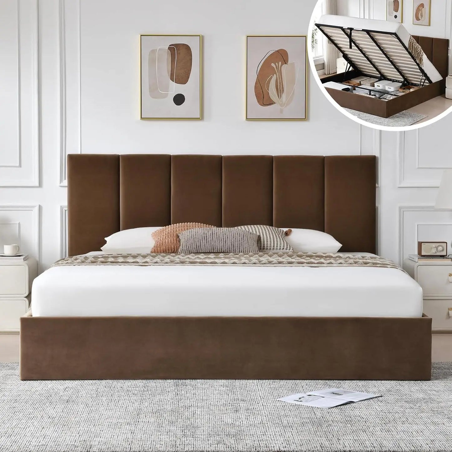 King Size Upholstered Lift-Up Storage Bed with Headboard