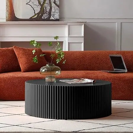Round Coffee Table, Modern Black Side Table End Table for Living Room, Wood Circle Drum Coffee Table with Handcrafted Relief,