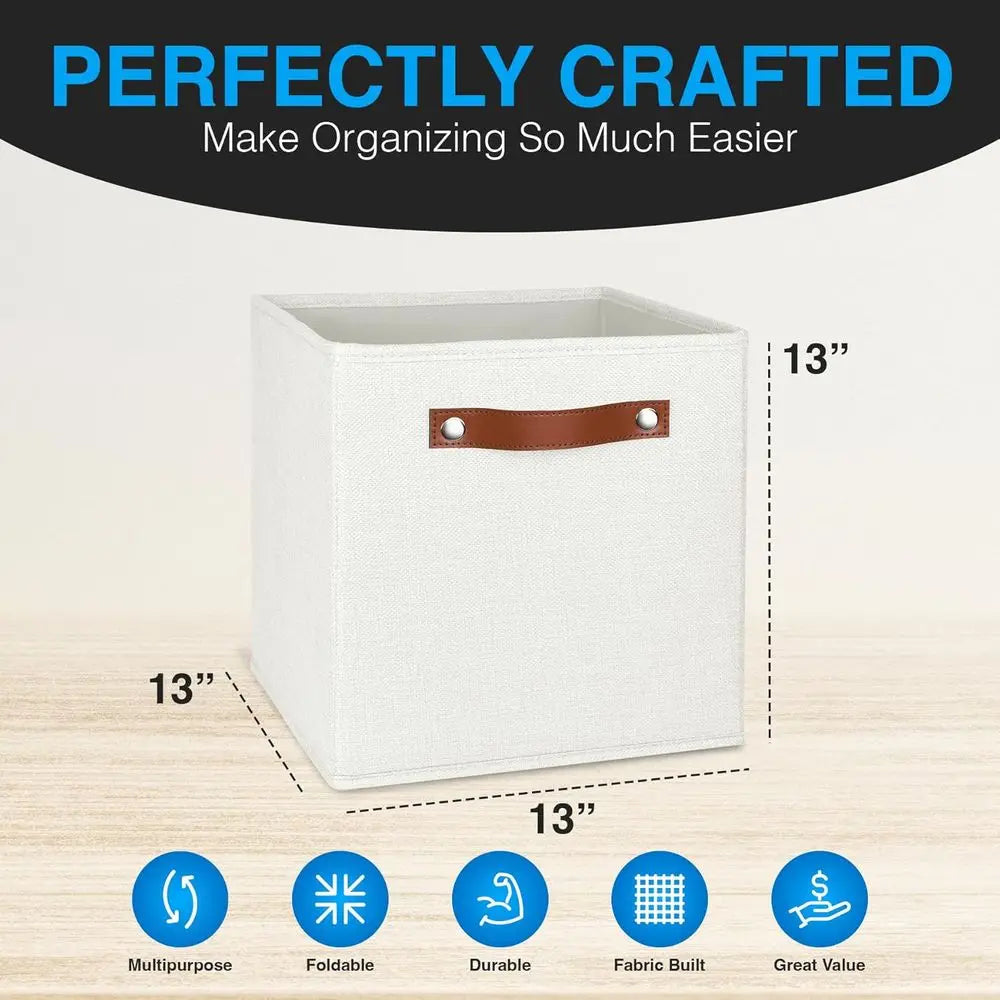 13x13 Storage Cubes .6 Pack Foldable Linen Fabric Storage Bins with Handles for Closet, Shelves & Home Organization