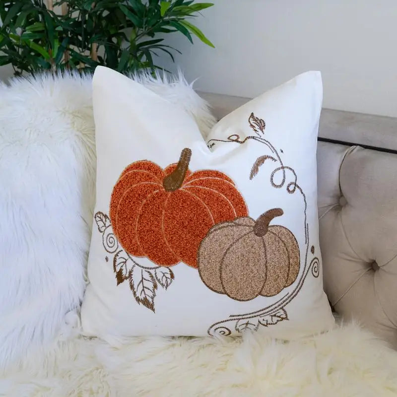 Autumn Harvest Pumpkin Embroidered Throw Pillow Cozy Farmhouse Fall Accent Cushion