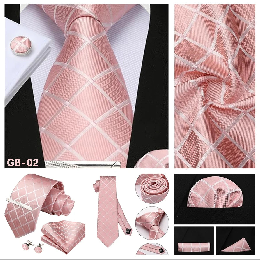 100% Silk Plaid & Checkered Men’s Tie Set with Pocket Square, Tie Clip & Cufflinks. Business & Wedding Necktie Gift Set  Optimized Description