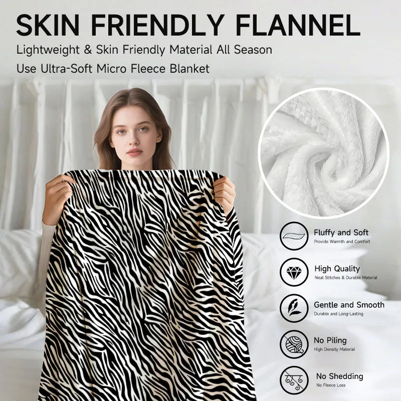 1 piece zebra print flannel blanket, black and white, soft, suitable for sofa, bed, office, all-season use.