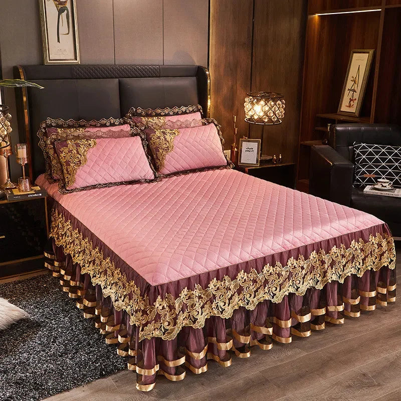 Luxury Gold Embroidered Velvet Quilted Bedspread Set