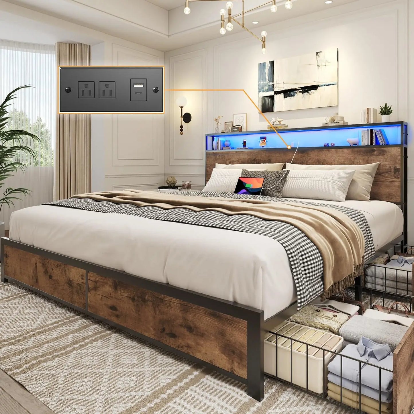 Queen Bed Frame with LED Lights, Charging Station & Storage Headboard