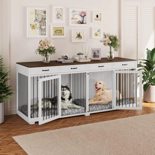 Super Large Dog Crate Furniture, 92.9" Wooden Dog Crate Kennel with 4 Drawers and Divider, XXXL Heavy Duty Dog Crates Cage Furni