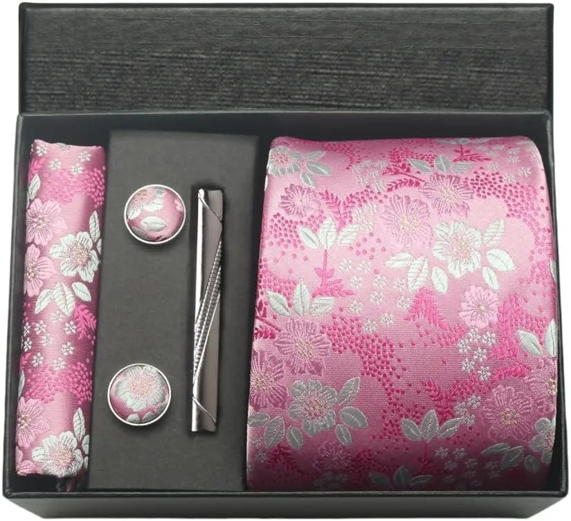 Luxury 100% Silk Paisley Floral Men’s Necktie Set | Business Tie with Matching Pocket Square & Formal Accessories