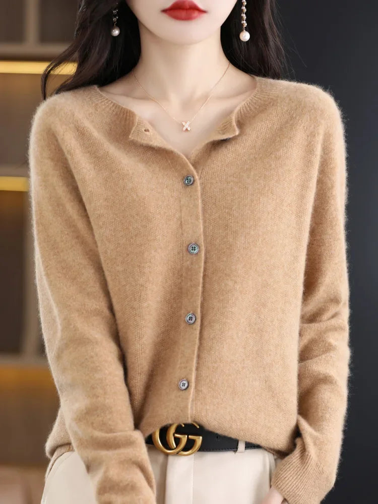 New Fashion Spring 100% Merino Wool Womens O-neck Cardigan Cashmere Sweater 2024 Female Clothing Grace Knitwear Korean Tops