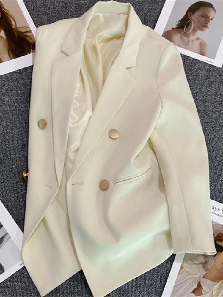 Women's Double-Breasted Blazer Coat . Elegant Long Sleeve Tailored Jacket
