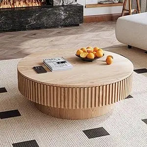 Round Coffee Table, Modern Black Side Table End Table for Living Room, Wood Circle Drum Coffee Table with Handcrafted Relief,