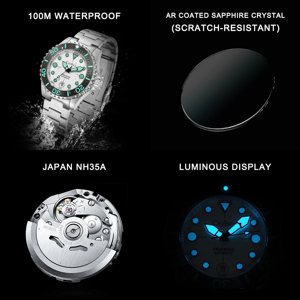 CADISEN AQUA DIVER New Brand Luxury Men Watches Automatic Watch Japan TMI NH35A 100M Waterproof Luminous Mechanical Wristwatch