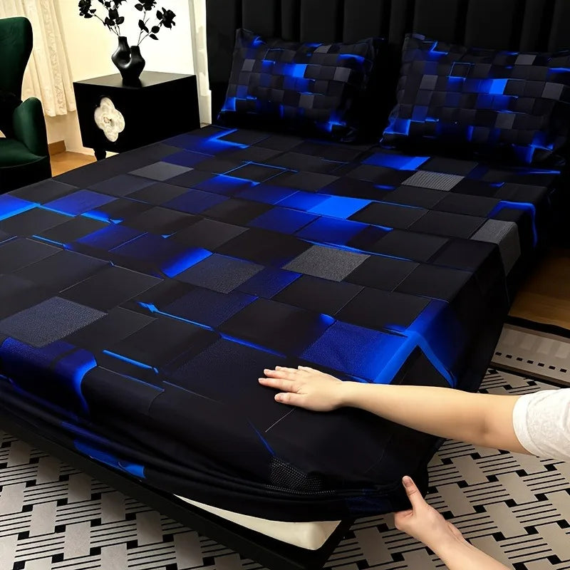 3 Piece Cooling Digital Print Fitted Sheet Set.  Soft Modern Plaid Bedding