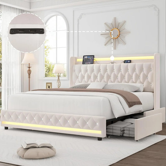 Queen LED Bed Frame with Charging Station, 4 Drawers, Velvet Upholstered, Crystal Button Headboard, Metal Frame, Beige