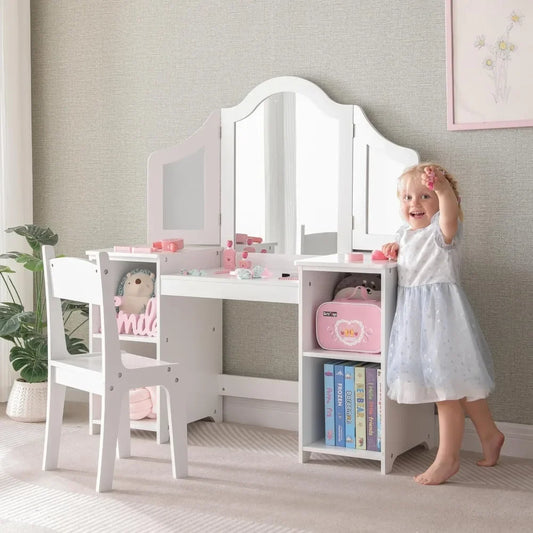 "2-in-1 Kids Vanity Set with Storage Cabinet & Detachable Top – Includes Tri-Fold Mirror for Girls’ Princess Makeup Play"