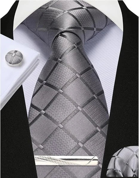 100% Silk Plaid & Checkered Men’s Tie Set with Pocket Square, Tie Clip & Cufflinks. Business & Wedding Necktie Gift Set  Optimized Description