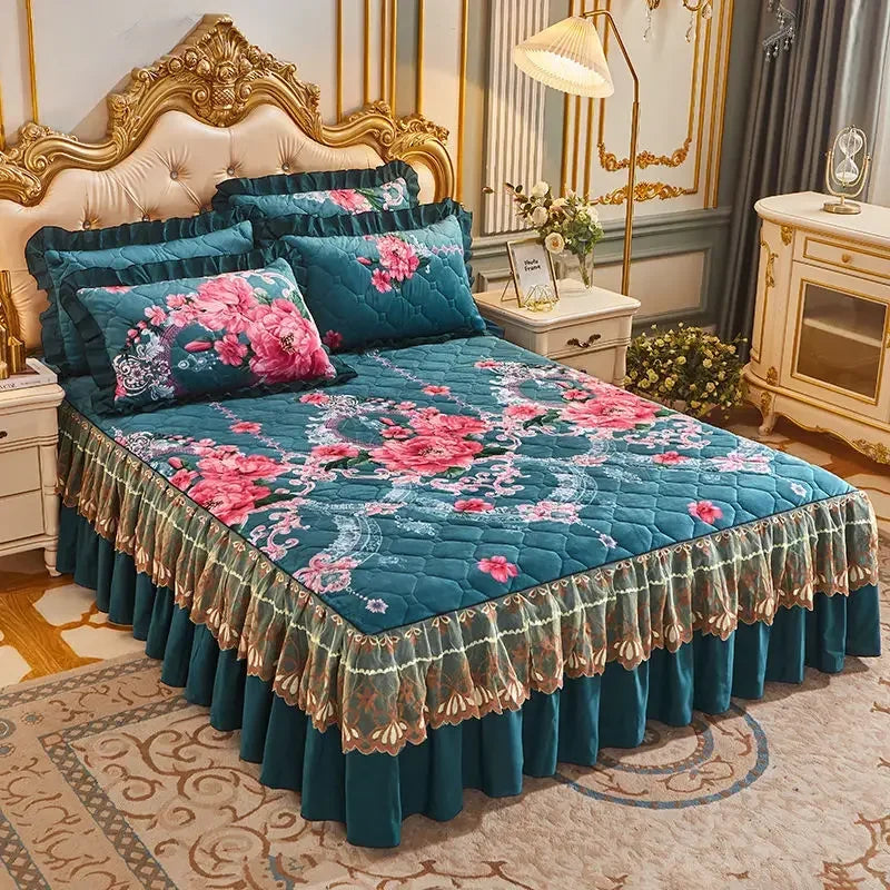 Luxury European Velvet Quilted Bed Skirt Set