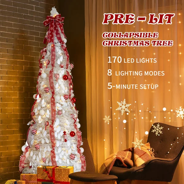 7 FT Fully Decorated Pre-lit Christmas Tree, Pop Up Artificial Xmas Tree with 170 Warm Lights and Red Ornaments for Home Office Store Holiday Deco, White