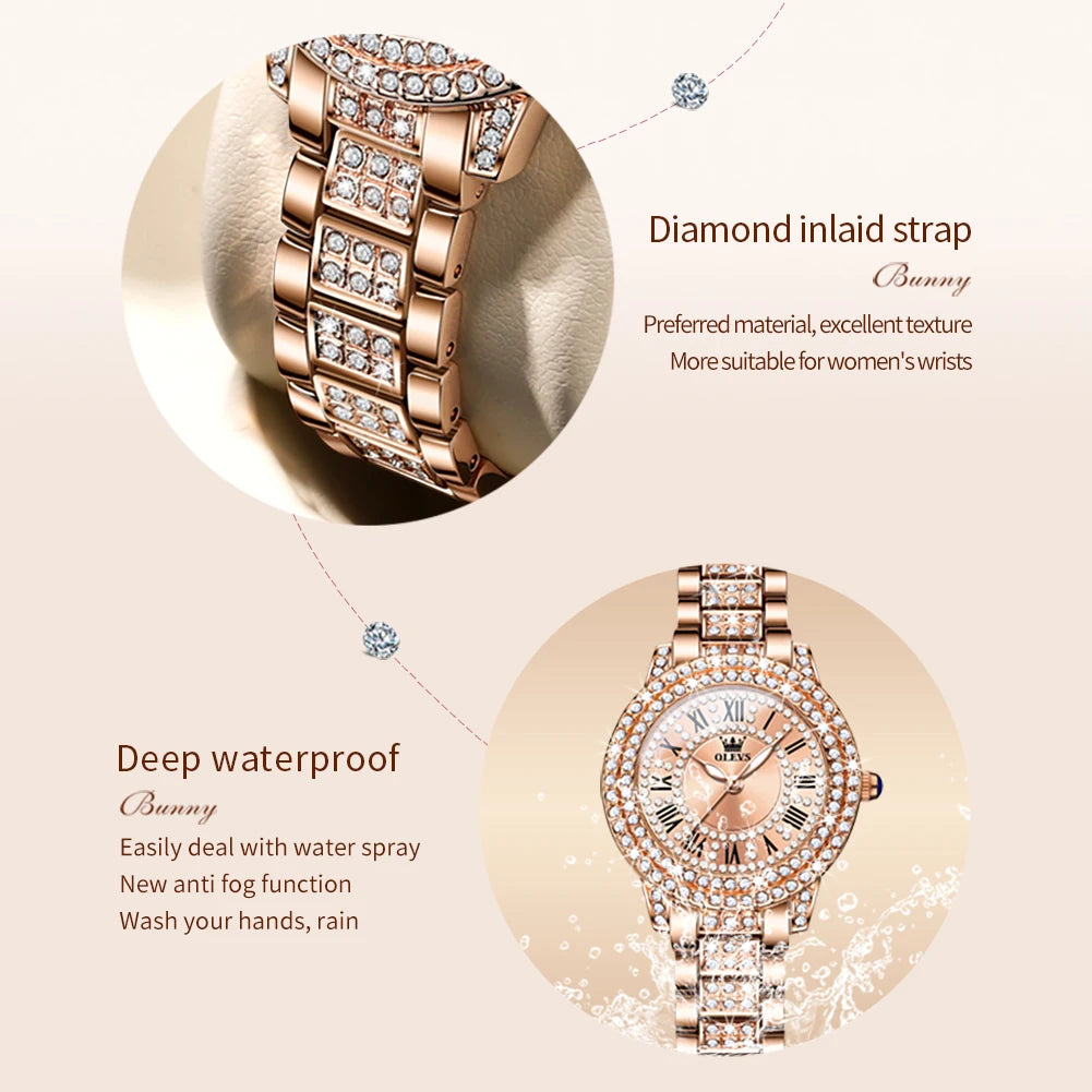 OLEVS Luxury Women’s Waterproof Chronograph Watch. Rose Gold Crystal Fashion Timepiece