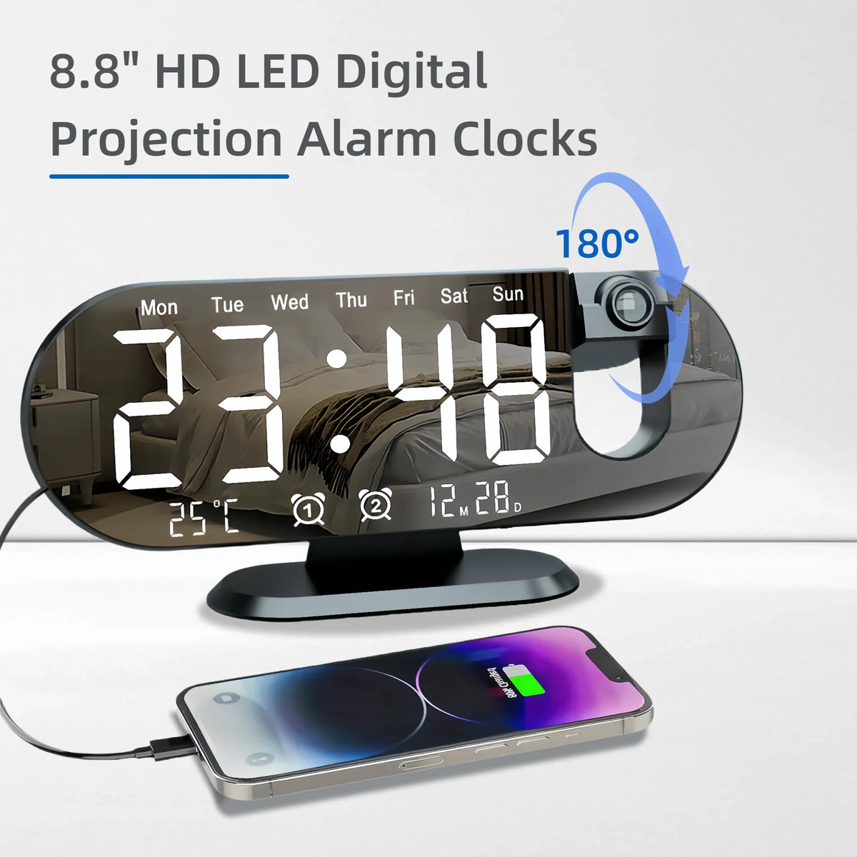 Digital Projection Alarm Clock – 8.8-Inch LED Display for Bedroom