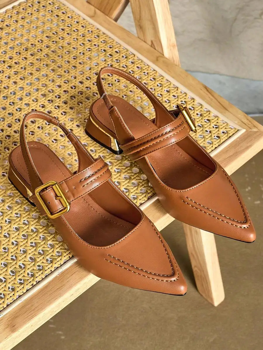 2025 Autumn Women's Pointed Toe Metal Heeled Stylish Slip-On Mule Shoes Backless Loafer Slip-On Flats