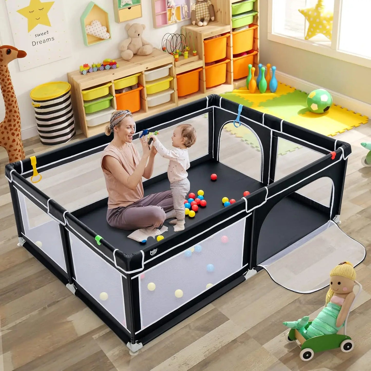 Playpen for Toddlers, Extra Large Playard Playpen for Toddlers Indoor & Outdoor with Ocean Balls, Non-Slip Suction Cups, Handleb