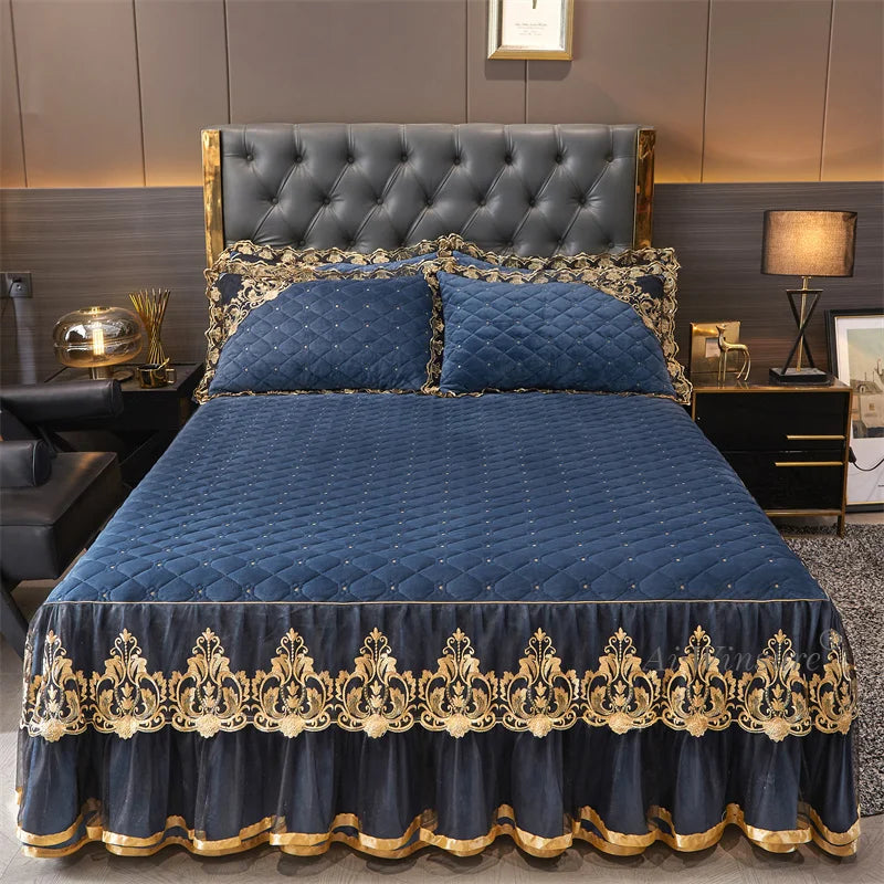 AIWINSURE-European Lace Velvet Bedspread Set, King Size, Queen Thickened Bed Cover, Soft Bed Skirt, Luxury, with 2 Pillowcases