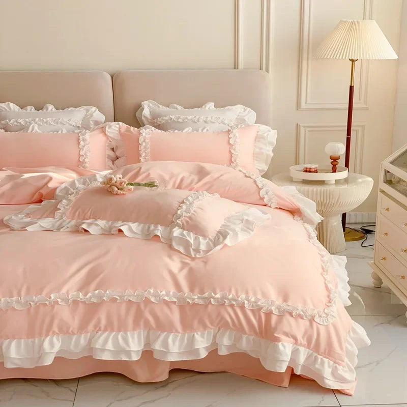 Elegant Ruffled Lace Bedding Set. Luxury Princess Style