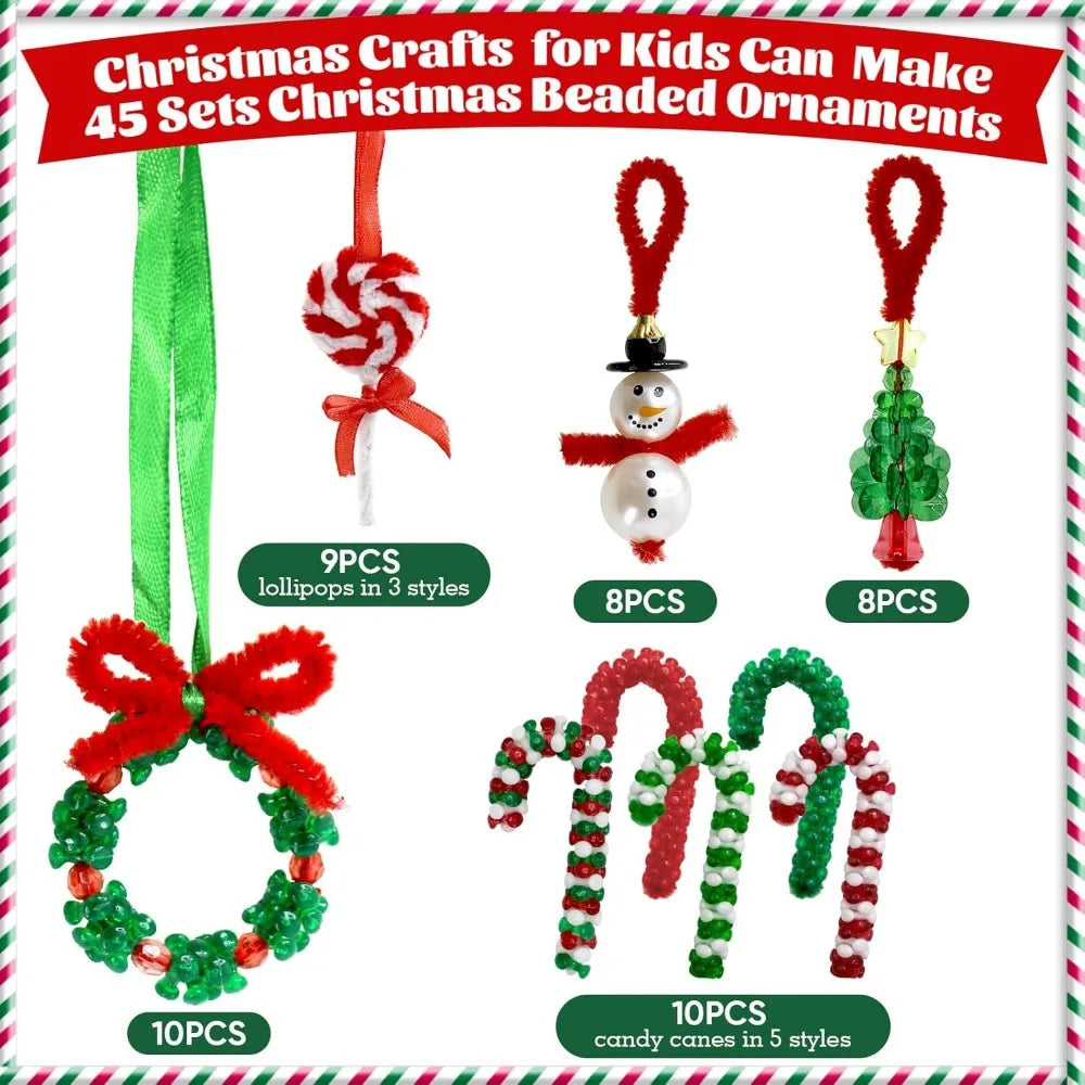45 Sets Christmas Beaded Ornament Kit, Christmas Beads for Crafts with Pipe Cleaners to Make Snowman Christmas Tree Wreath Cand