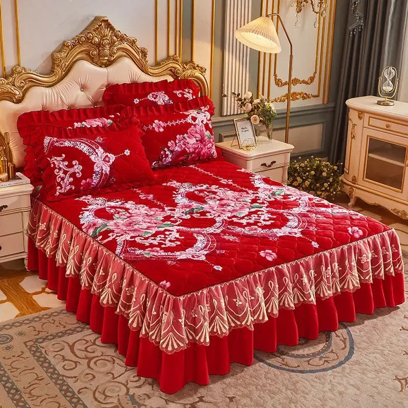 Luxury European Velvet Quilted Bed Skirt Set