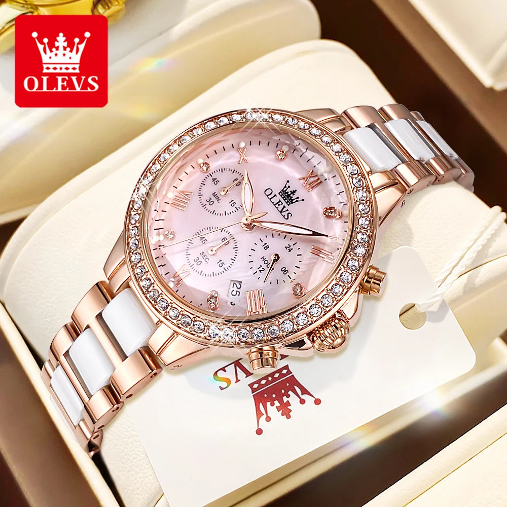OLEVS Luxury Women’s Waterproof Chronograph Watch. Rose Gold Crystal Fashion Timepiece