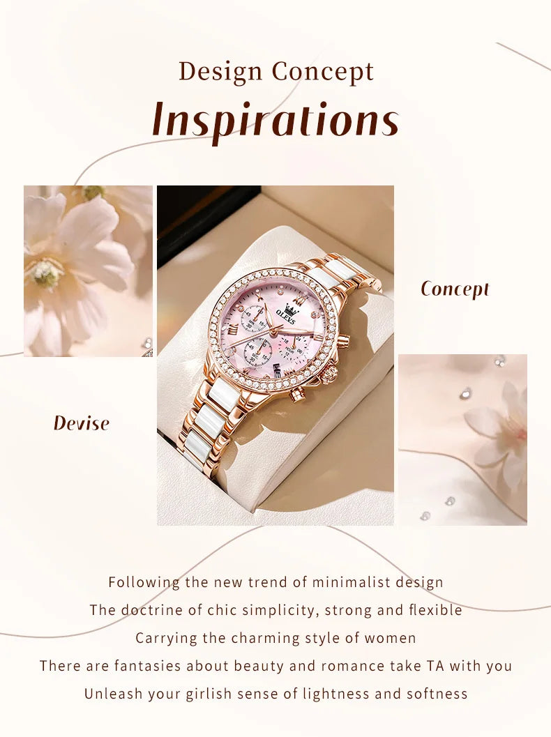 OLEVS Luxury Women’s Waterproof Chronograph Watch. Rose Gold Crystal Fashion Timepiece