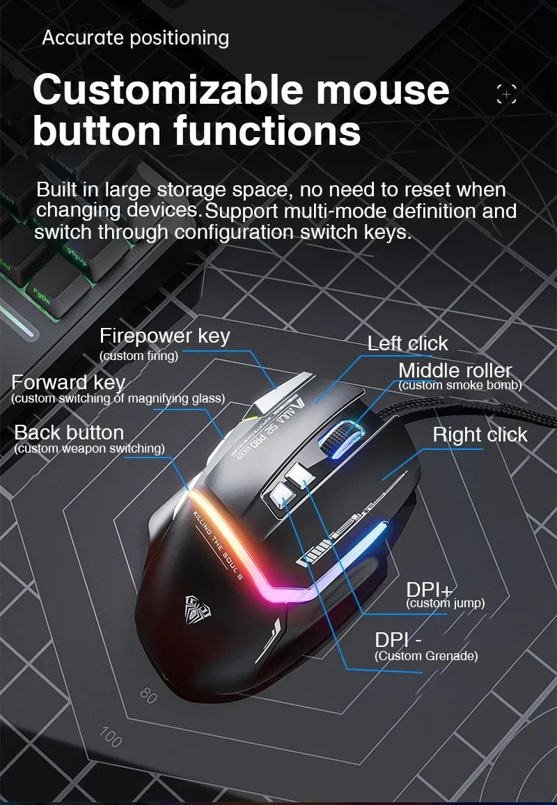 AULA S12Pro RGB Gaming Mouse .12800 DPI High-Speed Wired Mouse with Low Latency Performance