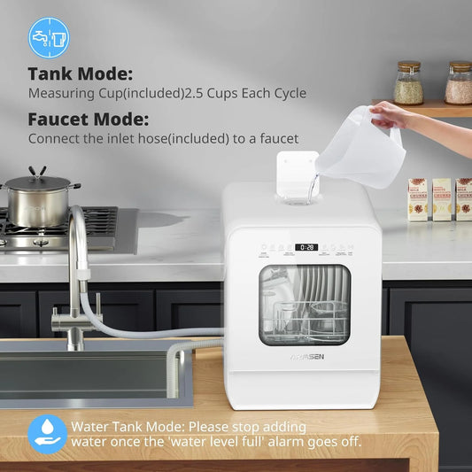 Portable countertop dishwasher with 5-liter tank features 14.6-inch ultra-narrow design, 9 programs, 24-hour delayed start