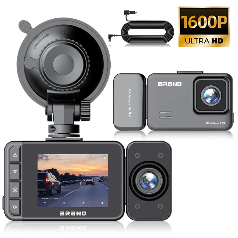 1600P Dual Dash Cam Front & Rear Camera with Night Vision, Loop Recording & Parking Monitor