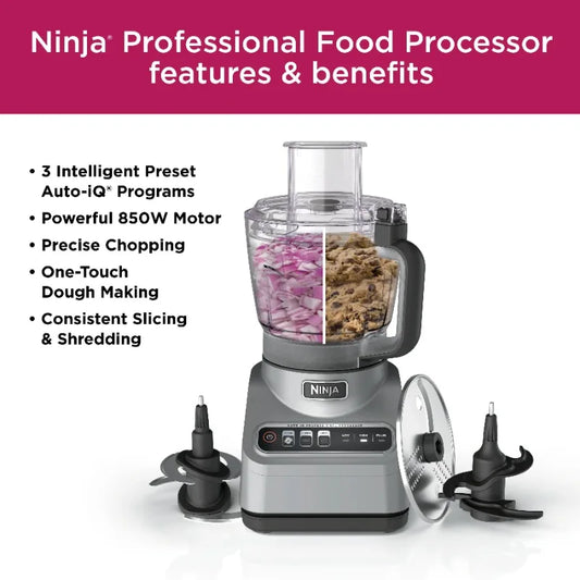 Ninja Professional Food Processor, 850 Watts, 9-Cup Capacity, Auto-iQ Preset Programs, Silver