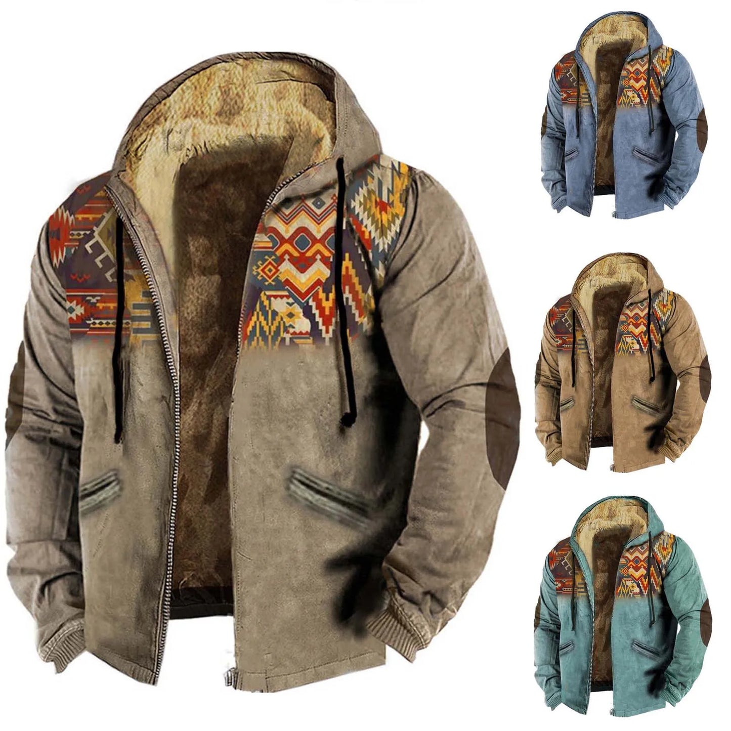 Men’s Vintage Sherpa Hooded Winter Jacket Retro Fleece Lined Coat