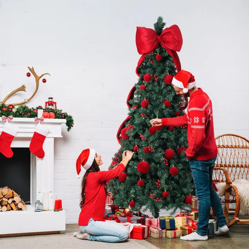 7.5 FT Pre-Lit Artificial Christmas Tree – 300 Warm White LED Lights with Red Ribbon, Holiday Home Décor & Metal Stand